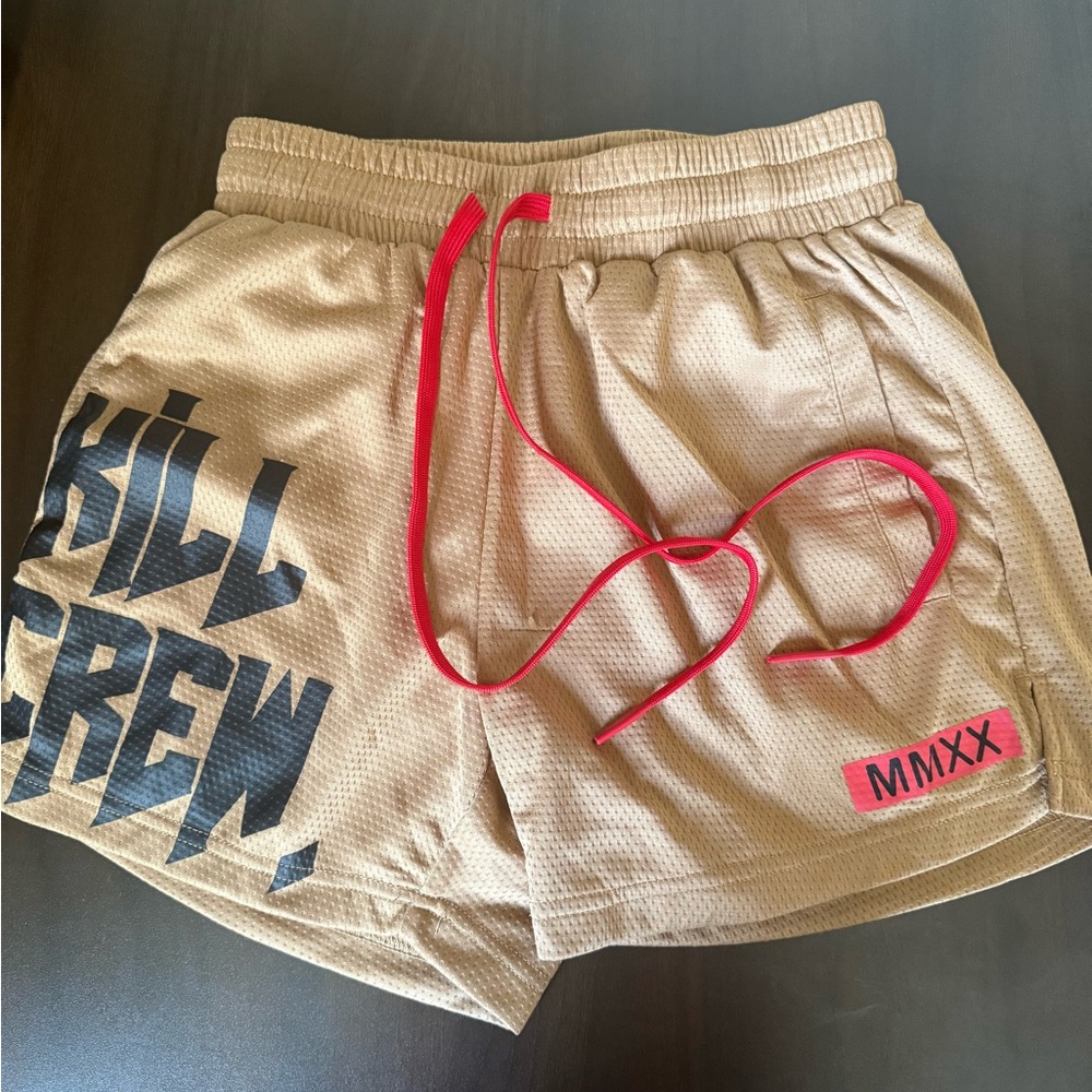 Kill Crew Tan Athletic Shorts with Red Drawstring